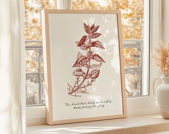 Inspirerende citaatafdruk | Brandnetel botanische lijntekeningen | Modern wanddecoratie | Genezingsthema — Crimson Edition
