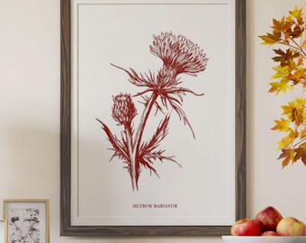 Afdrukbare botanische kunst karmozijnrode distel bloemenprint voor vintage huis cadeau digitale download