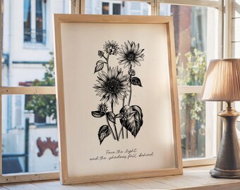 Botanische quote muurkunst | Illustratie fijne lijntjes zonnebloem | Afdrukbaar decor voor positiviteit — Black Edition