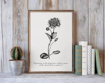 Minimalistisch botanisch citaat | Illustratie fijne lijntjes bloem | Afdrukbaar decor voor vergeving — zwarte editie