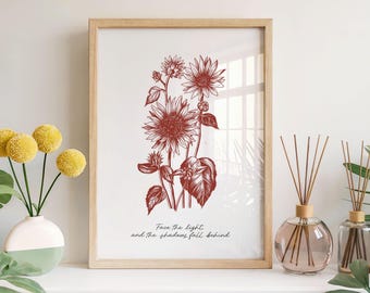 Afdrukbare quote muurkunst | Botanische kunst zonnebloem | Modern woondecoratie | Positiviteitsthema — Crimson Edition