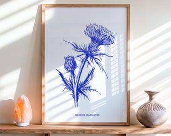Bloemenposter blauwe distel botanische print voor cottage woonkamer decor digitale download
