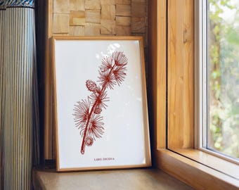 Vintage natuur print lariks karmozijnrode illustratie bos interieur muur kunst digitale download