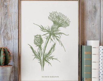 Wildflower print salie groene distel handgetekende botanische kunst voor moderne woning digitale download