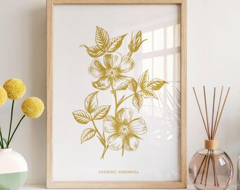 Botanische kunstafdruk Amber anemoon bloem illustratie voor Boho Cottage decor keuken digitale download