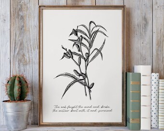Inspirerende citaatafdruk | Botanische illustratie fijne lijn wilg | Afdrukbaar decor voor veerkracht: zwarte editie