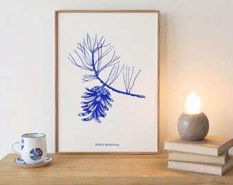 Arte de parede Ilustração de pinha azul da floresta para decoração de cabana - Download digital