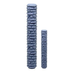 May include: Two gray, cylindrical miniature stone columns. The larger column is approximately 3 inches tall, and the smaller one is about 1.5 inches tall. Both have a textured, brick-like appearance, suitable for model building or miniature displays.