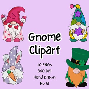 Gnome Clipart, Spring Clipart, Easter Clipart, Holiday Digital Art, Mushroom PNG, PNG Clip Art Pacote de 10 Gnomos