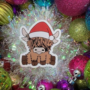 Kerst Highland Cow dierenstickers, 3 inch gestanste vinylsticker, kerstsok stuffer cadeau voor kinderen, vakantiestickers