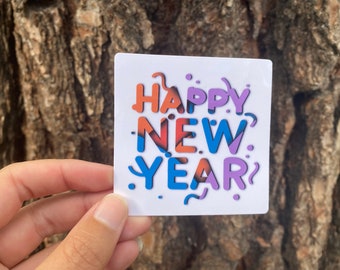 Happy New Year Sticker, New Years Eve Stickers, 3 inch Die Cut Vinyl Sticker, Christmas Stocking Stuffer Gift
