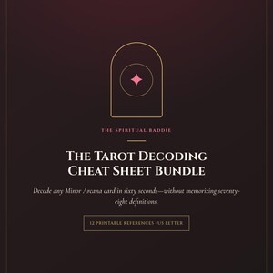 May include: A dark burgundy digital document titled The Tarot Decoding Cheat Sheet Bundle. It features a gold arch icon with a pink star, the text The Spiritual Baddie, and the subtitle Decode any Minor Arcana card in sixty seconds.