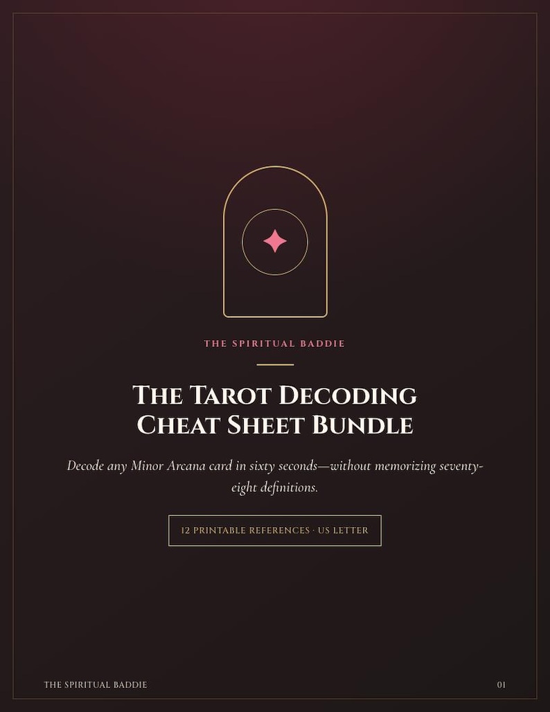 May include: A dark burgundy digital document titled The Tarot Decoding Cheat Sheet Bundle. It features a gold arch icon with a pink star, the text The Spiritual Baddie, and the subtitle Decode any Minor Arcana card in sixty seconds.