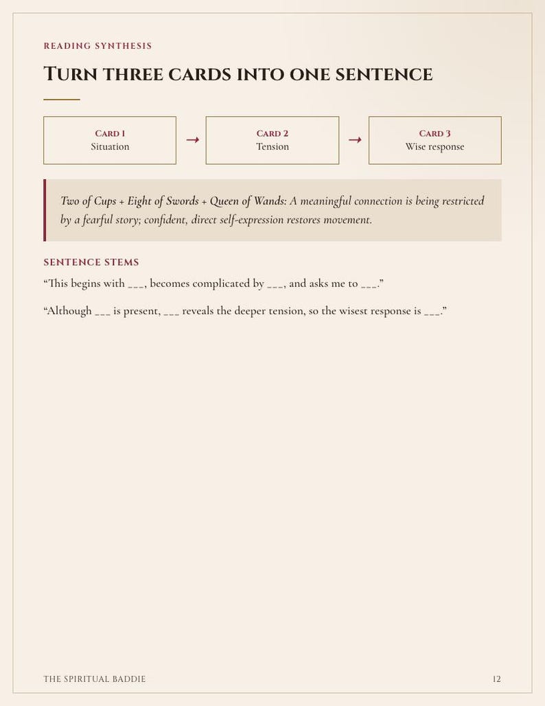 May include: A page titled Reading Synthesis with the heading Turn Three Cards Into One Sentence. It features a diagram with three boxes labelled Card 1 Situation, Card 2 Tension, and Card 3 Wise response, followed by sentence stems for tarot reading.