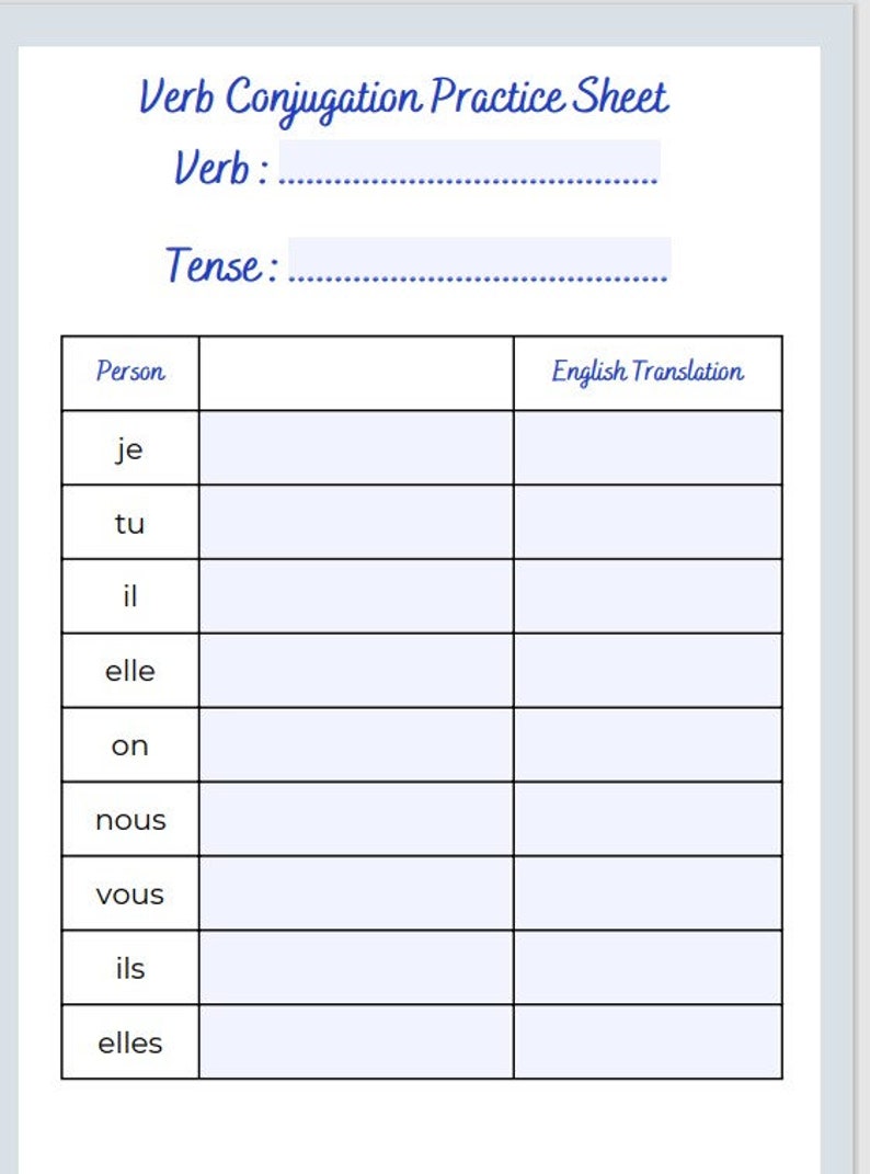 Jouer Imperfect Tense Printable French Verb Workbook Flashcards ...