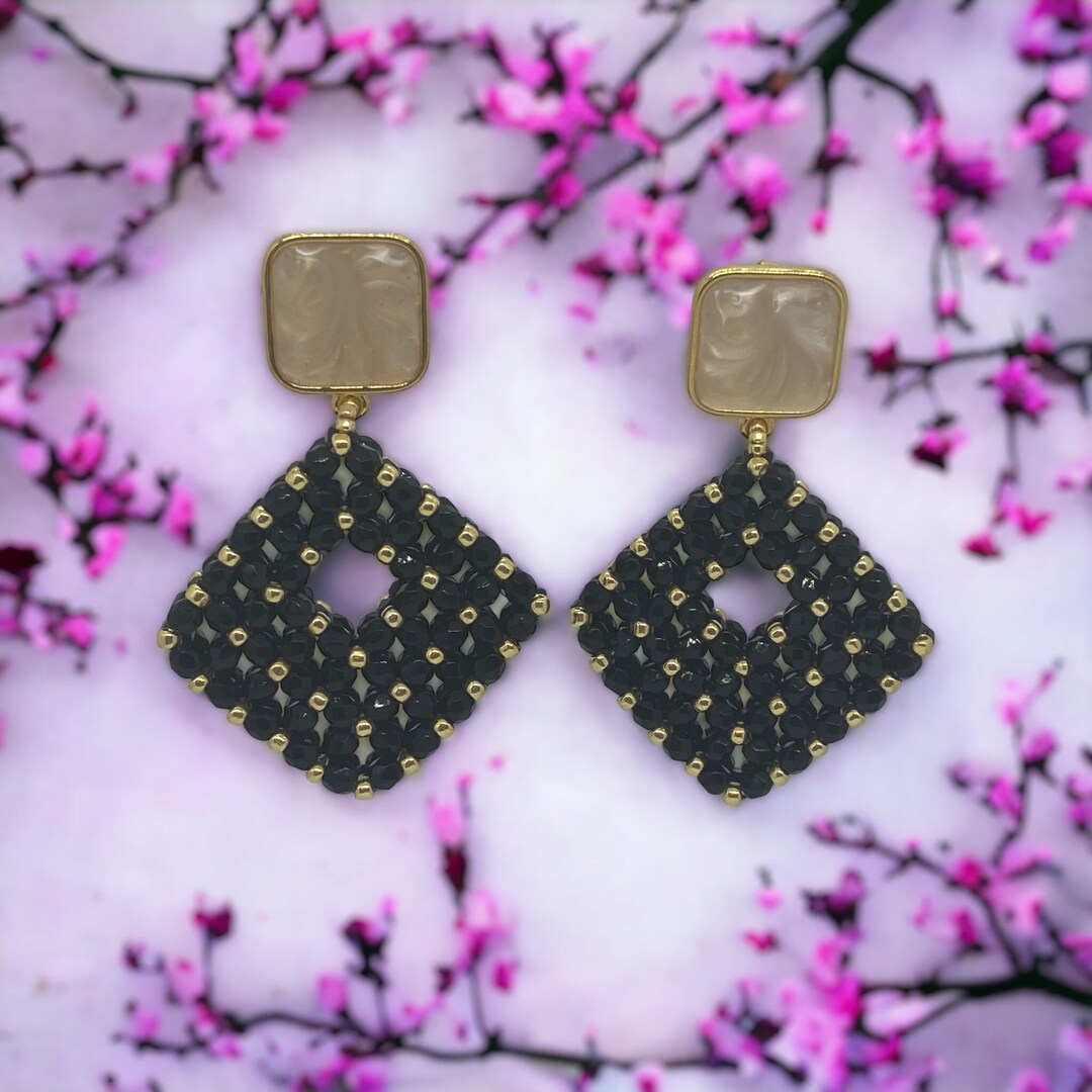 Shiny Black and Gold Beaded Square Earrings - Etsy