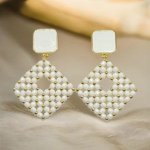 White square drop beaded earrings