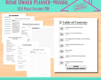 Puede incluir: Un manual de planificación para propietarios de viviendas imprimible de 120 páginas. La portada presenta un fondo azul y verde con el texto "HOME OWNER PLANNER-MANUAL" y "120 PAGES FILLABLE PDF". Las páginas interiores incluyen secciones para el seguro de hogar, los detalles de la hipoteca, los servicios públicos, los gastos de renovación y una tabla de contenido.