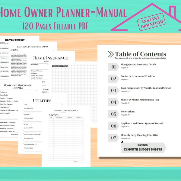 Home Maintenance Planner Manual, Household Improvement, House Organization Binder, Records Keeping, Home Maintenance Checklist