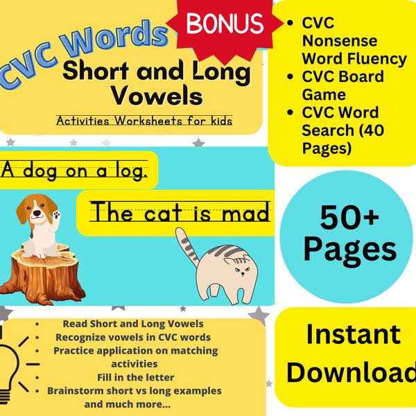 CVC Words, Short And Long Vowels, Spelling and Writing Practice, Kindergarden-2nd Grade Activity Workbook, Learn To Read, Sight Words