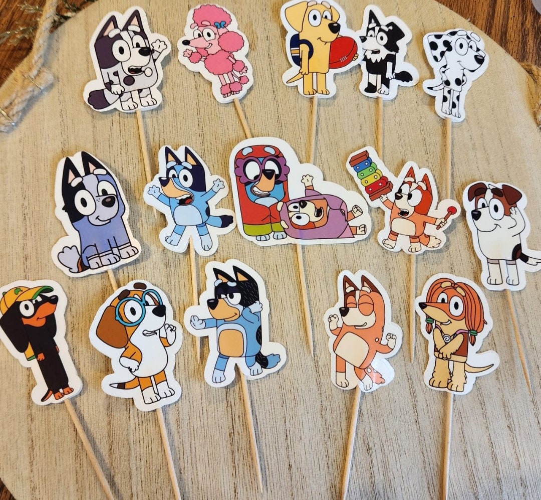2. Bluey Cupcake Toppers- double sided.Comes in set of 15, 30 or 45 cupcake toppers.They are 2 inches tall each width varies by design. Processing time: 2-3 days**Delivery time: can take up to two weeks, make sure to order early for your event!!** Orders for 15 do not come with tracking, however orders of 30 and 45 do have tracking.If you want to purchase additional tracking info I have a separate listing for that in my shop!Feel free to message me with any questions or requests!! :)