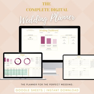 Op de afbeelding: Een digitale bruiloftplanner-sjabloon in Google Sheets. De planner bevat een bruiloft-dashboard, een budgettracker en een leverancierslijst. De planner is ontworpen om koppels te helpen bij het plannen van hun bruiloft.