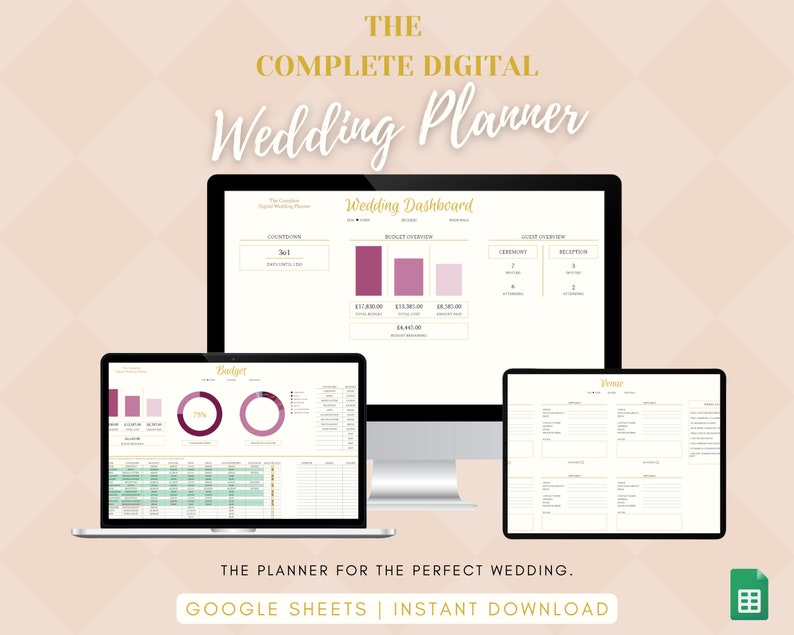 May include: A digital wedding planner template in Google Sheets. The planner includes a wedding dashboard, budget tracker, and vendor list. The planner is designed to help couples plan their wedding.