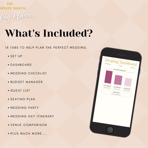 May include: A digital wedding planner with 14 tabs to help plan the perfect wedding. The image shows a screenshot of the "Wedding Dashboard" tab, which includes a budget overview with three colored bars representing different budget categories.