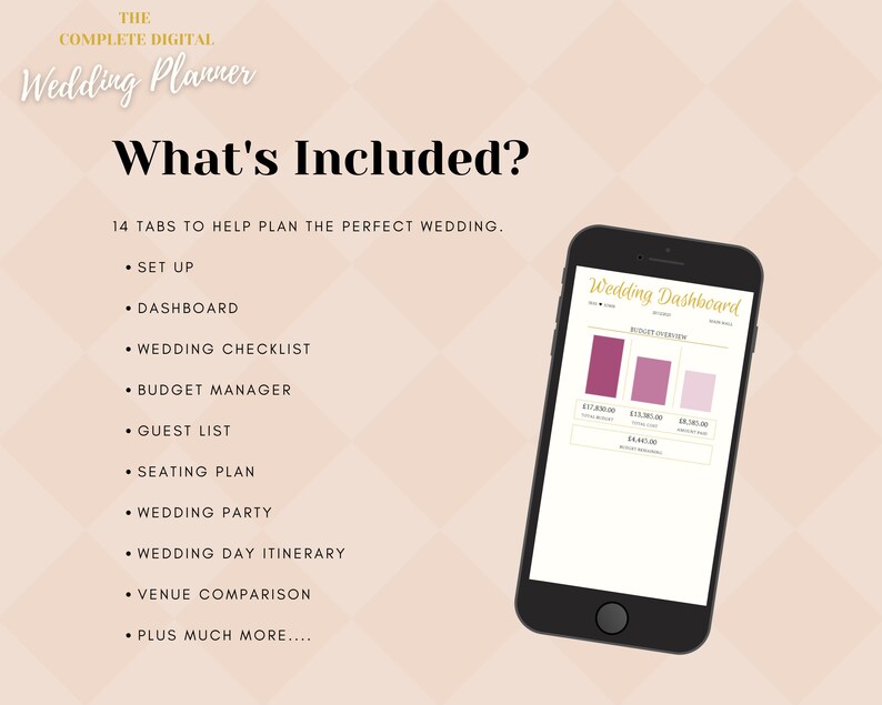 May include: A digital wedding planner with 14 tabs to help plan the perfect wedding. The image shows a screenshot of the "Wedding Dashboard" tab, which includes a budget overview with three colored bars representing different budget categories.