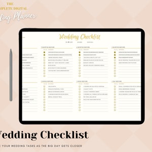 May include: A digital wedding checklist planner on a tablet screen. The checklist is divided into sections for different time periods before the wedding, such as 4 months before, 1 month before, 1 week before, and 1 day before. Each section includes a list of tasks to complete, with checkboxes for marking them off.