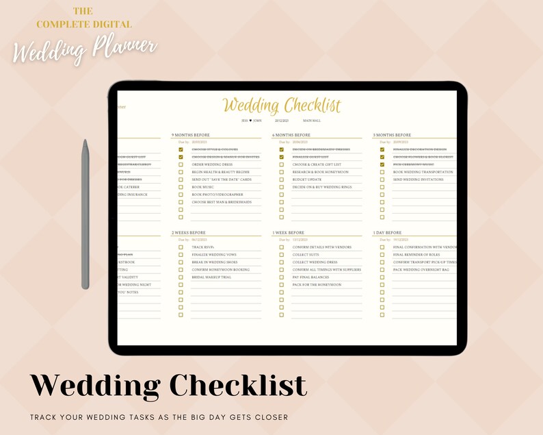 May include: A digital wedding checklist planner on a tablet screen. The checklist is divided into sections for different time periods before the wedding, such as 4 months before, 1 month before, 1 week before, and 1 day before. Each section includes a list of tasks to complete, with checkboxes for marking them off.