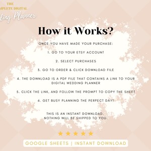May include: A pink and white graphic with the text "The Complete Digital Wedding Planner" and "How it Works?" with instructions on how to download the digital wedding planner. The text includes "Google Sheets | Instant Download".