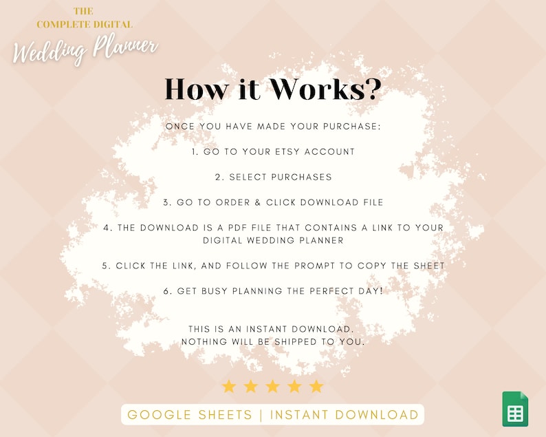May include: A pink and white graphic with the text "The Complete Digital Wedding Planner" and "How it Works?" with instructions on how to download the digital wedding planner. The text includes "Google Sheets | Instant Download".