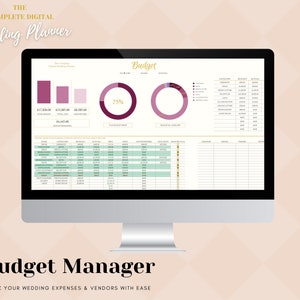 May include: A computer screen displaying a wedding budget planner spreadsheet with a pink and green color scheme. The spreadsheet includes sections for budget, actual expenses, and vendor information. The text "Budget Manager" is displayed below the screen.
