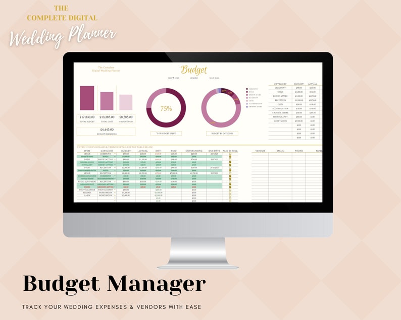 May include: A computer screen displaying a wedding budget planner spreadsheet with a pink and green color scheme. The spreadsheet includes sections for budget, actual expenses, and vendor information. The text "Budget Manager" is displayed below the screen.