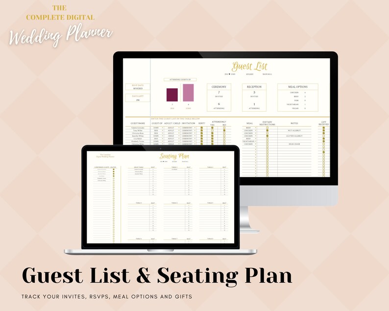 May include: A digital wedding planner with a guest list and seating plan. The planner is shown on a computer screen and a laptop. The planner includes sections for tracking invites, RSVPs, meal options, and gifts.