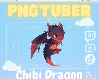 May include: A cartoon illustration of a red and black chibi dragon with wings, against a blue background with white clouds and stars. The text "PNGTUBER" is at the top of the image in yellow letters. The text "Chibi Dragon" is at the bottom of the image in white letters. The text "WITH TALK & BLINK EFFECTS" is below the text "Chibi Dragon".