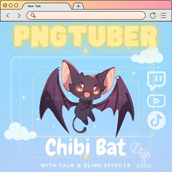 PNGTuber , Stream Pet Kawaii Chibi Bat / Flying Vampire, Stream live on Mobile Device for Twitch TikTok / Interactive Anime Vtuber Asset