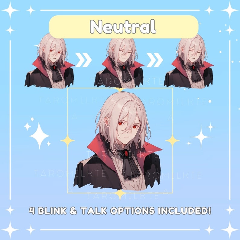 May include: A digital illustration of a young man with white hair and red eyes. He is wearing a black coat with a red collar and a white shirt. The image is labeled "Neutral" and includes four blink and talk options.
