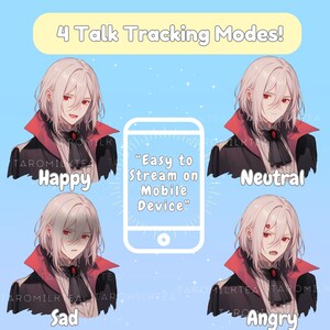 May include: Illustration of four different facial expressions of a white-haired anime character with red eyes. The character is wearing a red and black outfit. The text "Easy to Stream on Mobile Device" is in the center of the image.