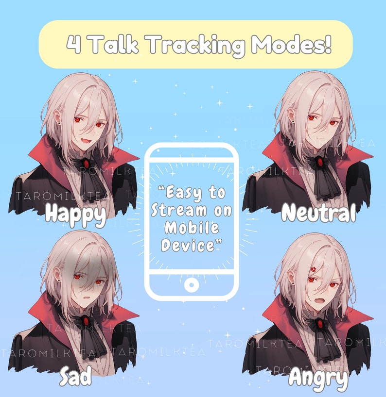 May include: Illustration of four different facial expressions of a white-haired anime character with red eyes. The character is wearing a red and black outfit. The text "Easy to Stream on Mobile Device" is in the center of the image.