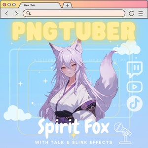 Pode incluir: Uma ilustração digital de uma raposa branca com olhos roxos vestindo um quimono branco e roxo. A raposa está em frente a um fundo azul com uma janela de navegador no topo que diz "PNGTUBER" em letras amarelas. O texto "Spirit Fox" está abaixo da raposa em letras amarelas. O texto "WITH TALK & BLINK EFFECTS" está abaixo do texto "Spirit Fox".
