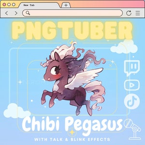 Caballo con alas de PNGTuber, mascota de transmisión / lindo pegaso chibi / pony negro, transmisión en dispositivo móvil / Twitch TikTok / kawaii / Twitch / Vtuber