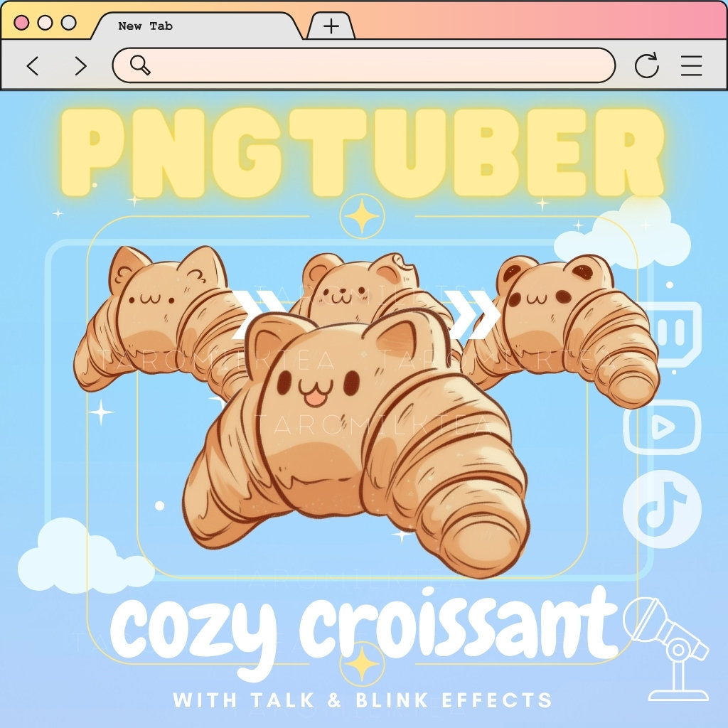 PNGTuber Food / Cozy Chibi Croissant Cat for Streaming / Twitch / Make Animated Videos / Vtuber / Twitch Avatar / Stream Pet / Panda / Bat