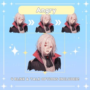 May include: A digital illustration of a young man with white hair and red eyes. He is wearing a black coat with a red collar and a white shirt. He has an angry expression on his face. The image is labeled "Angry" and includes the text "4 BLINK & TALK OPTIONS INCLUDED!"
