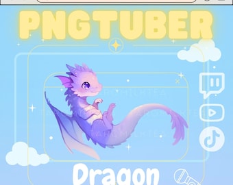 May include: A cartoon illustration of a purple dragon with pink accents, floating in a blue sky with white clouds. The dragon is holding its wings and looking to the right. The text "PNGTUBER" is in yellow letters at the top of the image. The text "Dragon" is in large, white letters below the dragon. The text "WITH TALK & BLINK EFFECTS" is in smaller, white letters below the word "Dragon".
