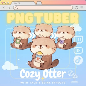Może przedstawiać: Cyfrowa ilustracja przedstawiająca cztery kreskówkowe wydry trzymające napoje. Tekst "PNGTUBER" znajduje się na górze, a "Cozy Otter" na dole. Tło jest jasnoniebieskie z ramką okna przeglądarki.