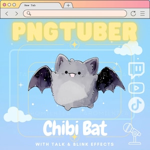 May include: A cartoon illustration of a gray chibi bat with black wings and a pink tongue. The bat is flying in front of a blue background with white clouds and stars. The text "PNGTUBER" is at the top of the image in yellow letters. The text "Chibi Bat" is below the bat in yellow letters. The text "WITH TALK & BLINK EFFECTS" is below the text "Chibi Bat" in black letters.