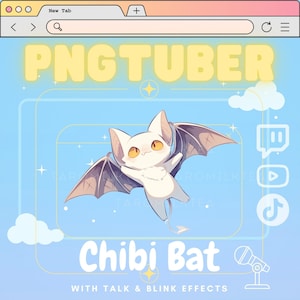 以下が含まれることがあります： 白いコウモリの漫画のイラストで、茶色の翼があり、「Chibi Bat」と「WITH TALK & BLINK EFFECTS」の文字が書かれています。画像は、白い雲と星のある青い背景に設定されています。