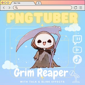 Może przedstawiać: Cyfrowa ilustracja postaci z kreskówki Grim Reaper z kosą, na jasnoniebieskim tle. Tekst "PNGTUBER" znajduje się na górze, a "Grim Reaper" i "WITH TALK & BLINK EFFECTS" na dole obrazu.